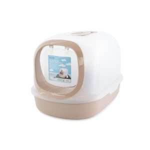 Bano sanitario techado para gatos color marron y blanco con pala