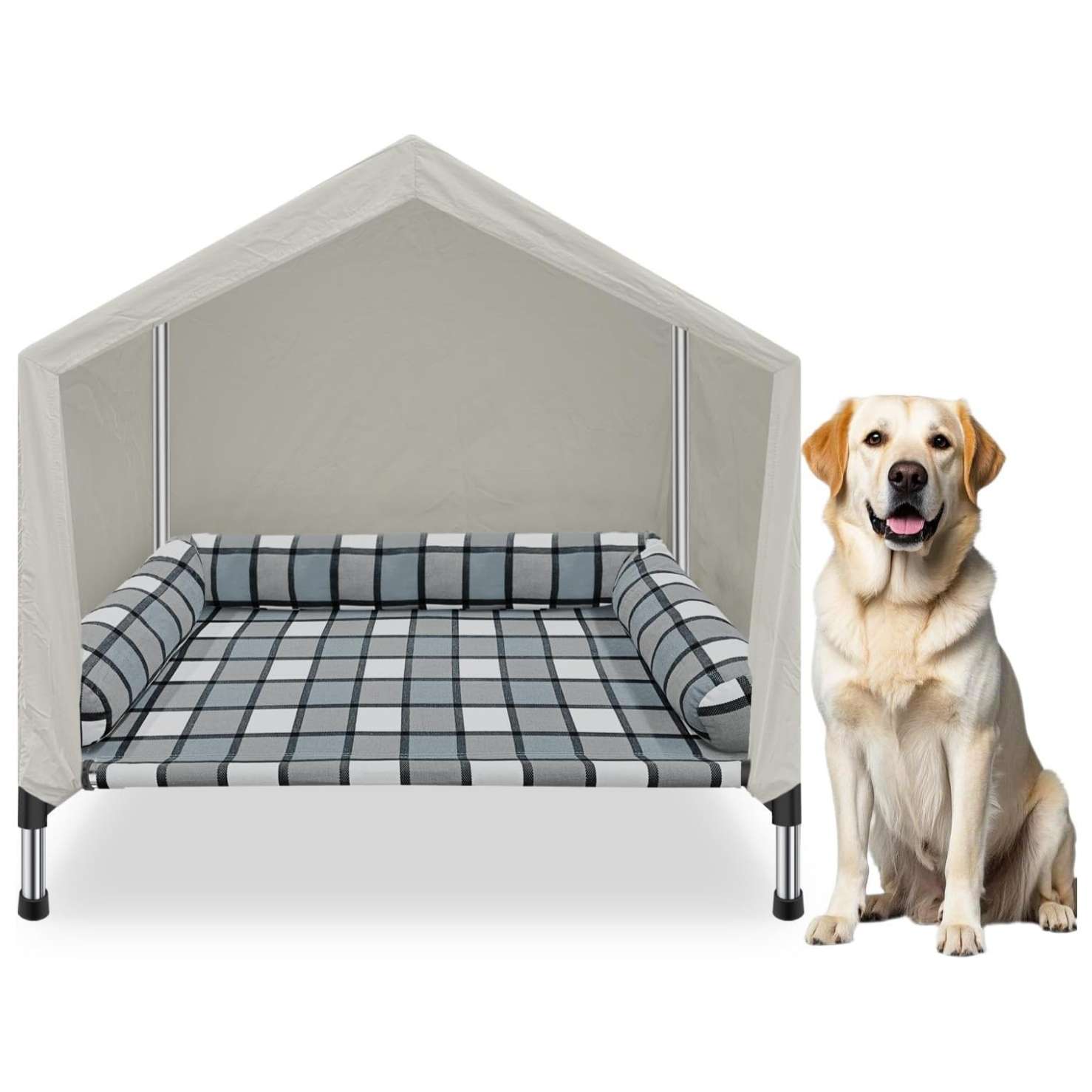Cama elevada tipo catre para perros con toldo protector y almohada ergonómica para interiores y exteriores.