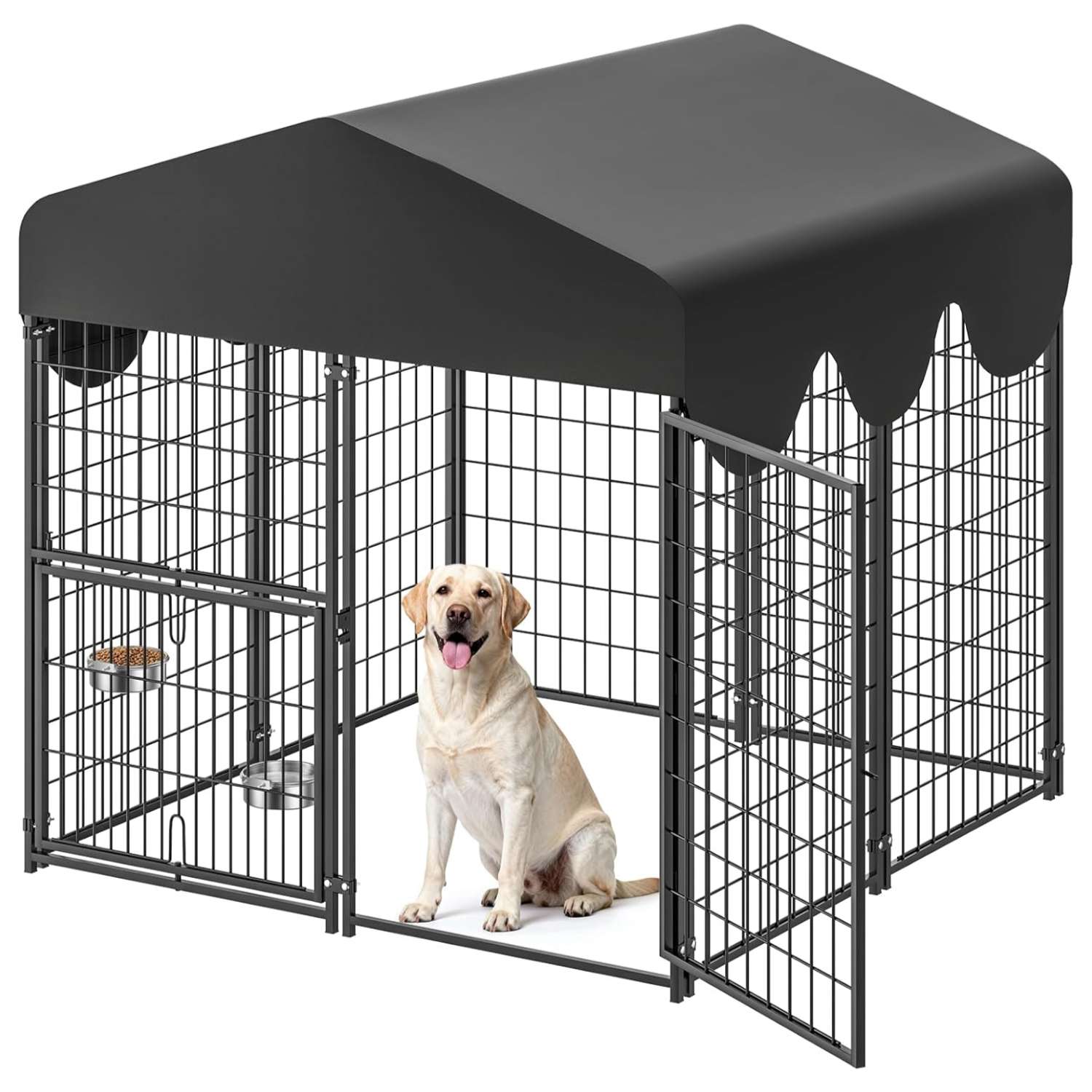 Canil de acero exterior para perros con techo protector impermeable y puerta giratoria con doble comedero.