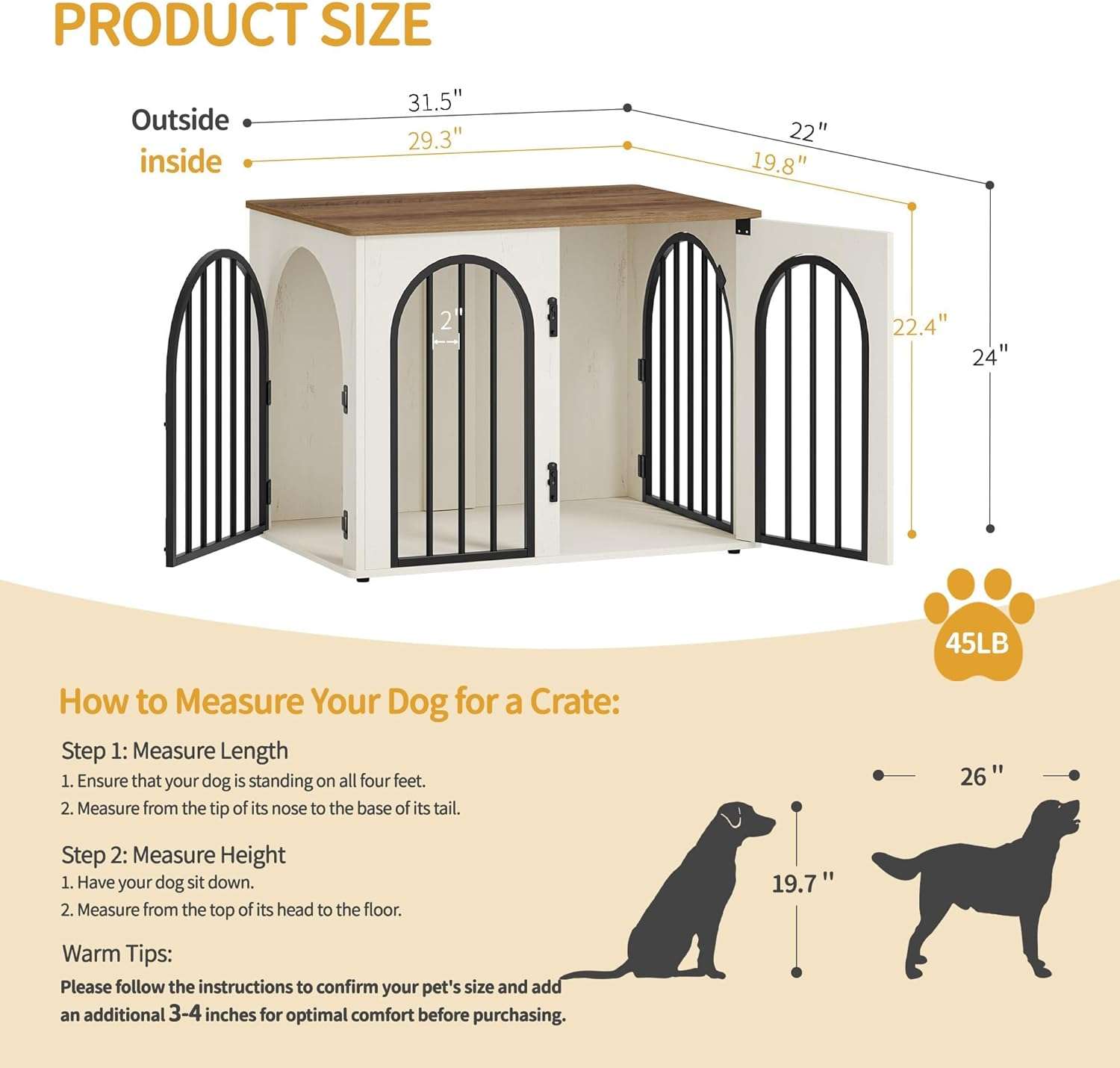 Mueble jaula de madera para perros de interior, diseño de arrimo decorativo con puerta de arco y resistente estructura de hierro.