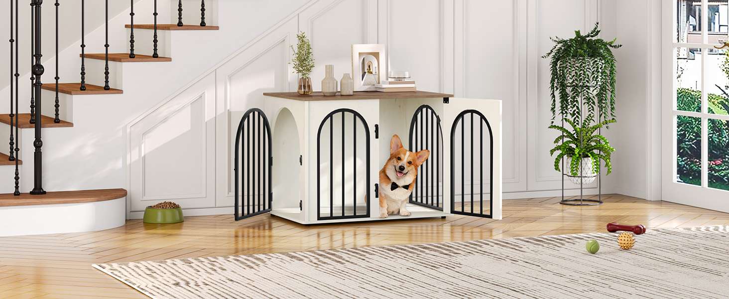 Mueble jaula de madera para perros de interior, diseño de arrimo decorativo con puerta de arco y resistente estructura de hierro.