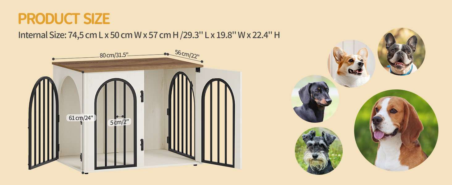 Mueble jaula de madera para perros de interior, diseño de arrimo decorativo con puerta de arco y resistente estructura de hierro.