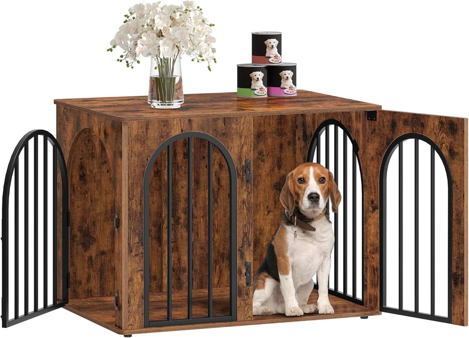 Mueble jaula de madera para perros de interior, diseño de arrimo decorativo con puerta de arco y resistente estructura de hierro.