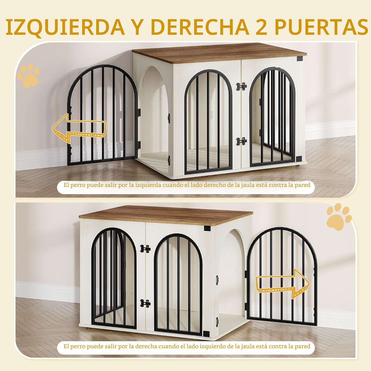 Mueble jaula de madera para perros de interior, diseño de arrimo decorativo con puerta de arco y resistente estructura de hierro.