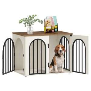Mueble jaula de madera para perros de interior, diseño de arrimo decorativo con puerta de arco y resistente estructura de hierro.