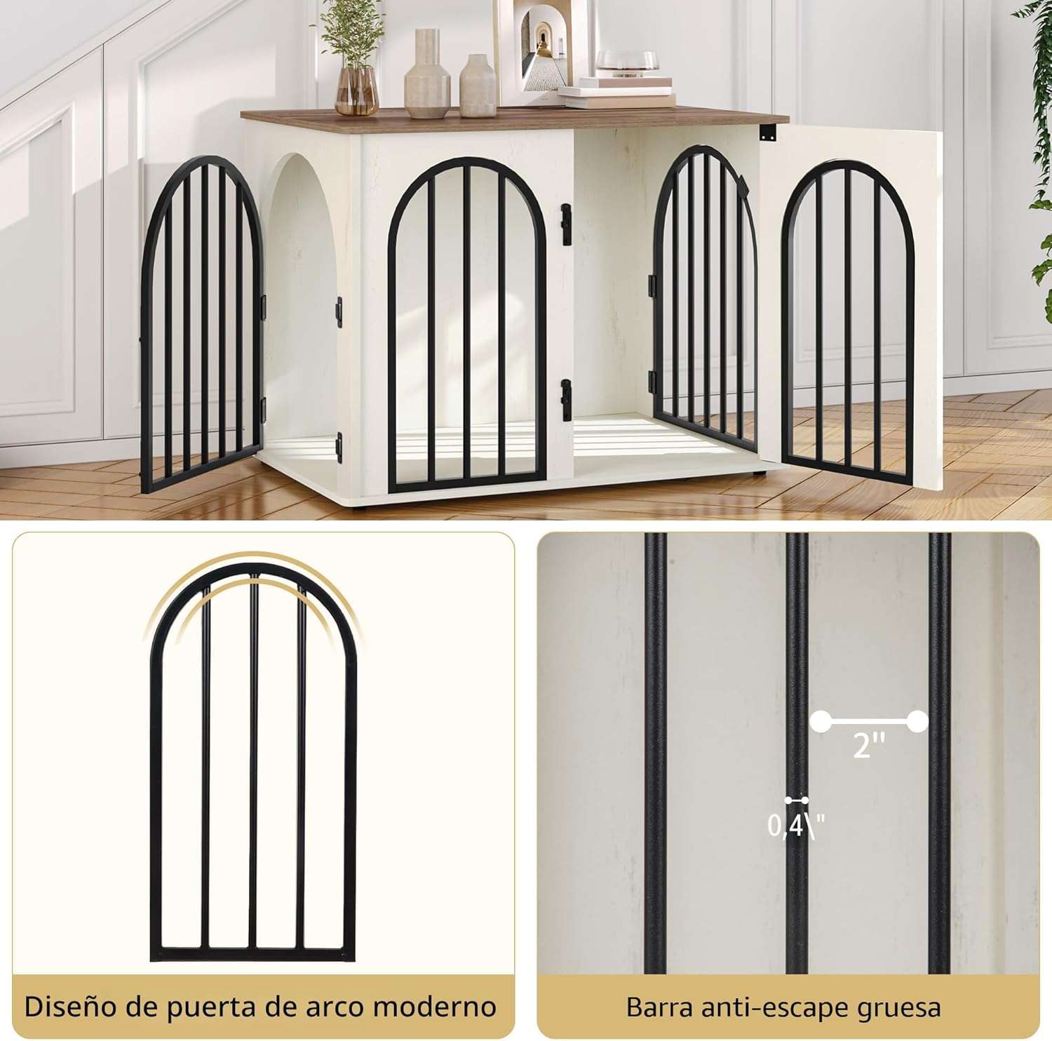 Mueble jaula de madera para perros de interior, diseño de arrimo decorativo con puerta de arco y resistente estructura de hierro.