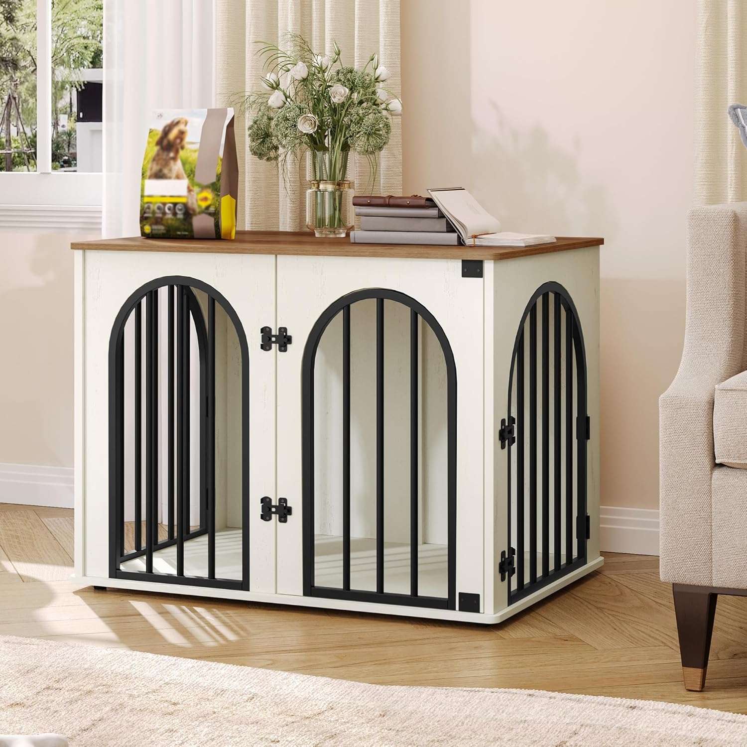 Mueble jaula de madera para perros de interior, diseño de arrimo decorativo con puerta de arco y resistente estructura de hierro.