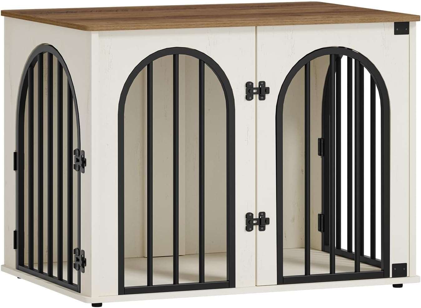 Mueble jaula de madera para perros de interior, diseño de arrimo decorativo con puerta de arco y resistente estructura de hierro.
