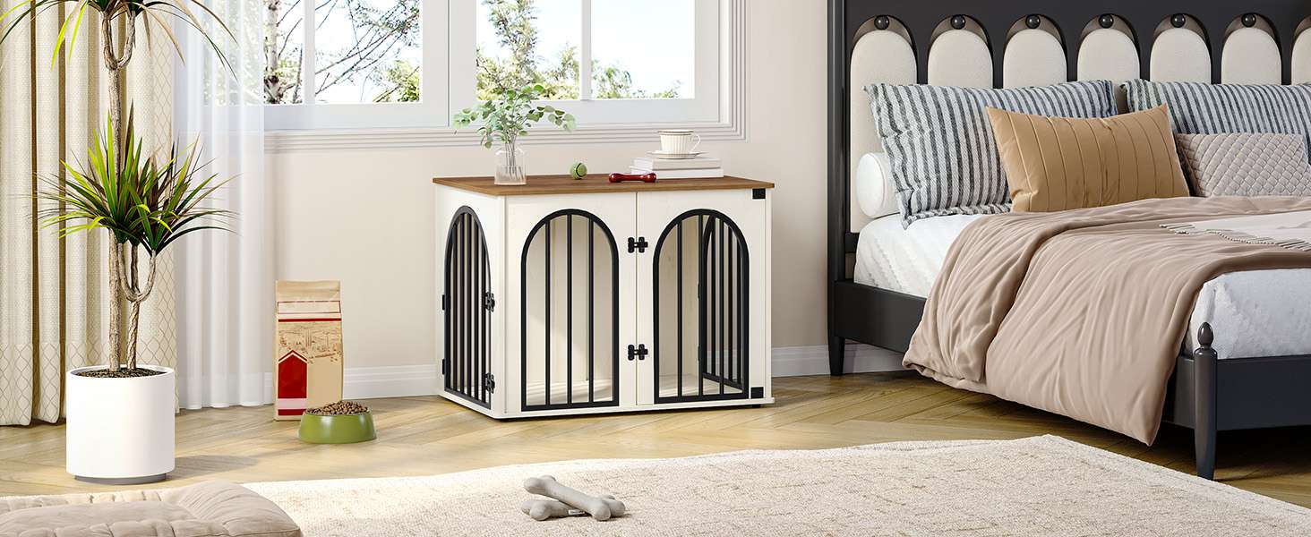 Mueble jaula de madera para perros de interior, diseño de arrimo decorativo con puerta de arco y resistente estructura de hierro.