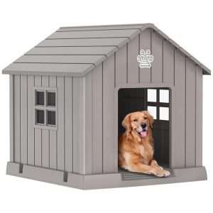 Casa de resina impermeable para perros grandes, con piso elevado y ventilación, ideal para el patio.
