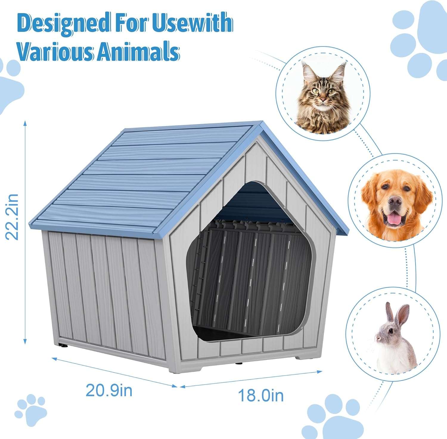 Casa de plástico azul para perros pequeños con piso elevado, ideal para uso en interiores y patios.
