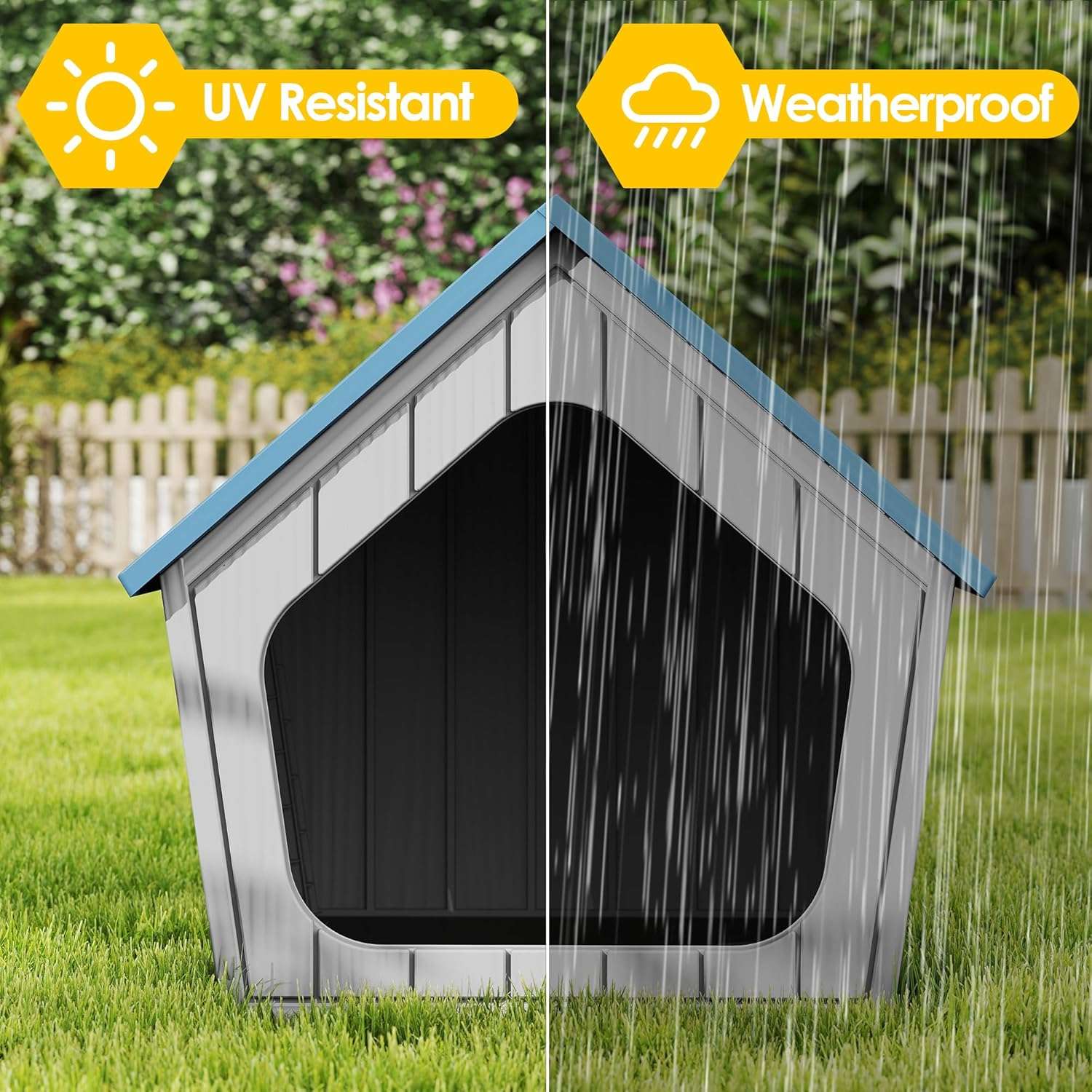 Casa de plástico azul para perros pequeños con piso elevado, ideal para uso en interiores y patios.