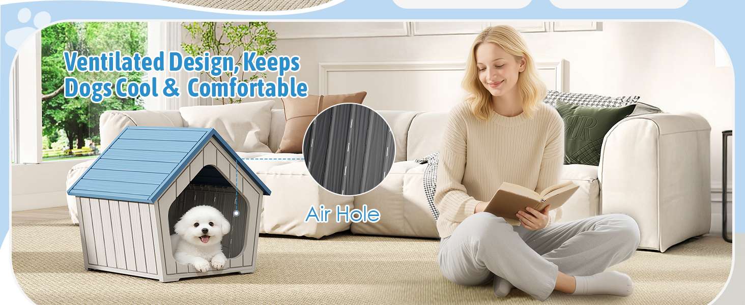 Casa de plástico azul para perros pequeños con piso elevado, ideal para uso en interiores y patios.