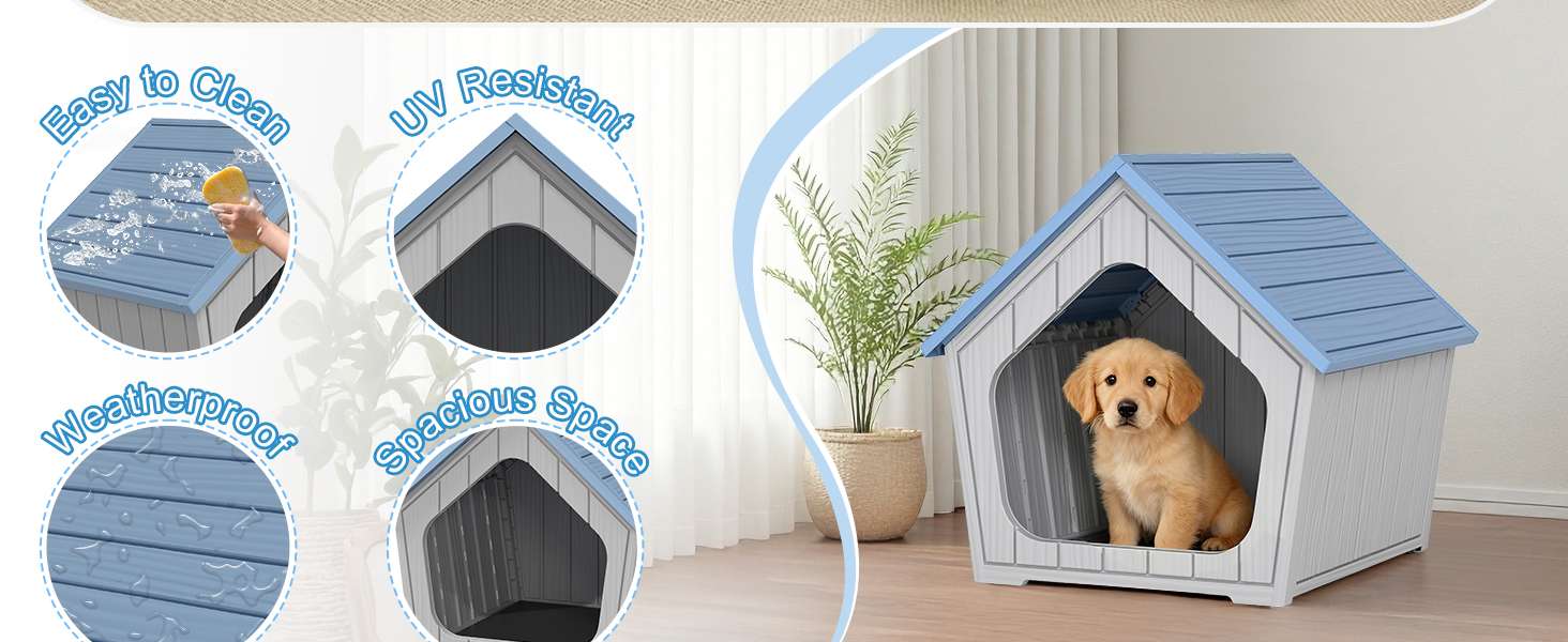 Casa de plástico azul para perros pequeños con piso elevado, ideal para uso en interiores y patios.