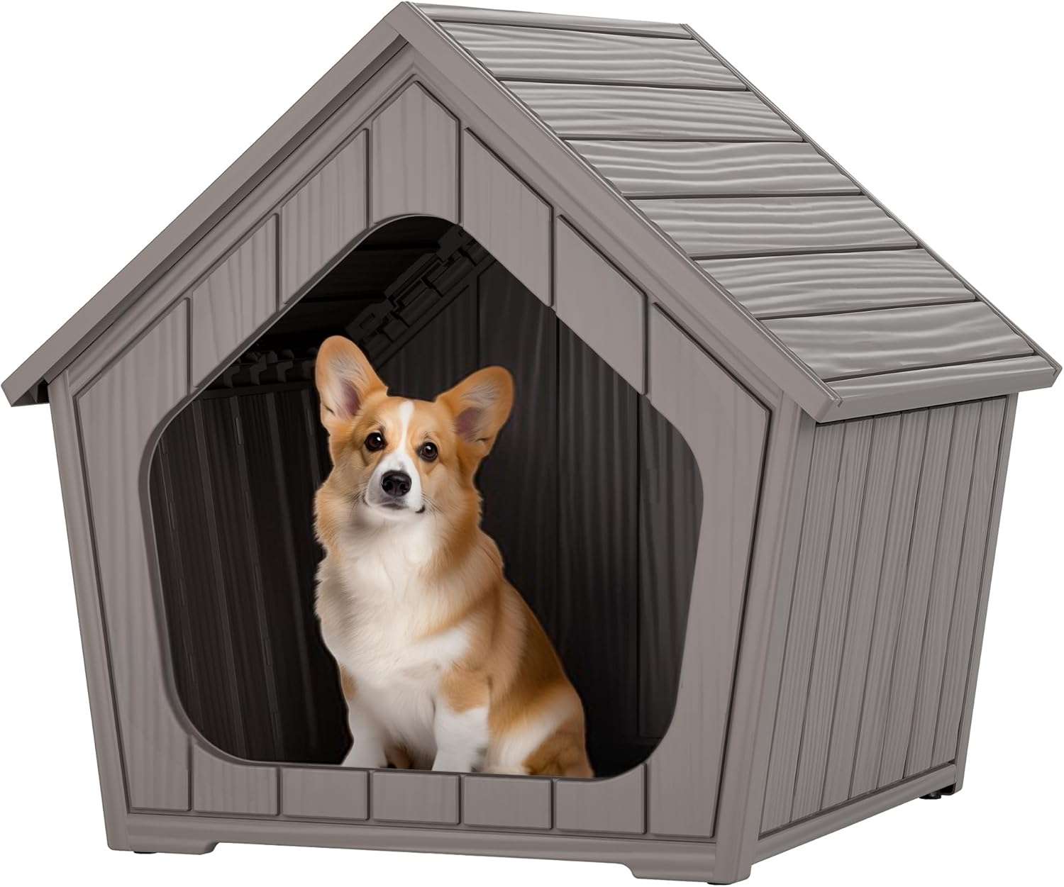 Casa de plástico azul para perros pequeños con piso elevado, ideal para uso en interiores y patios.