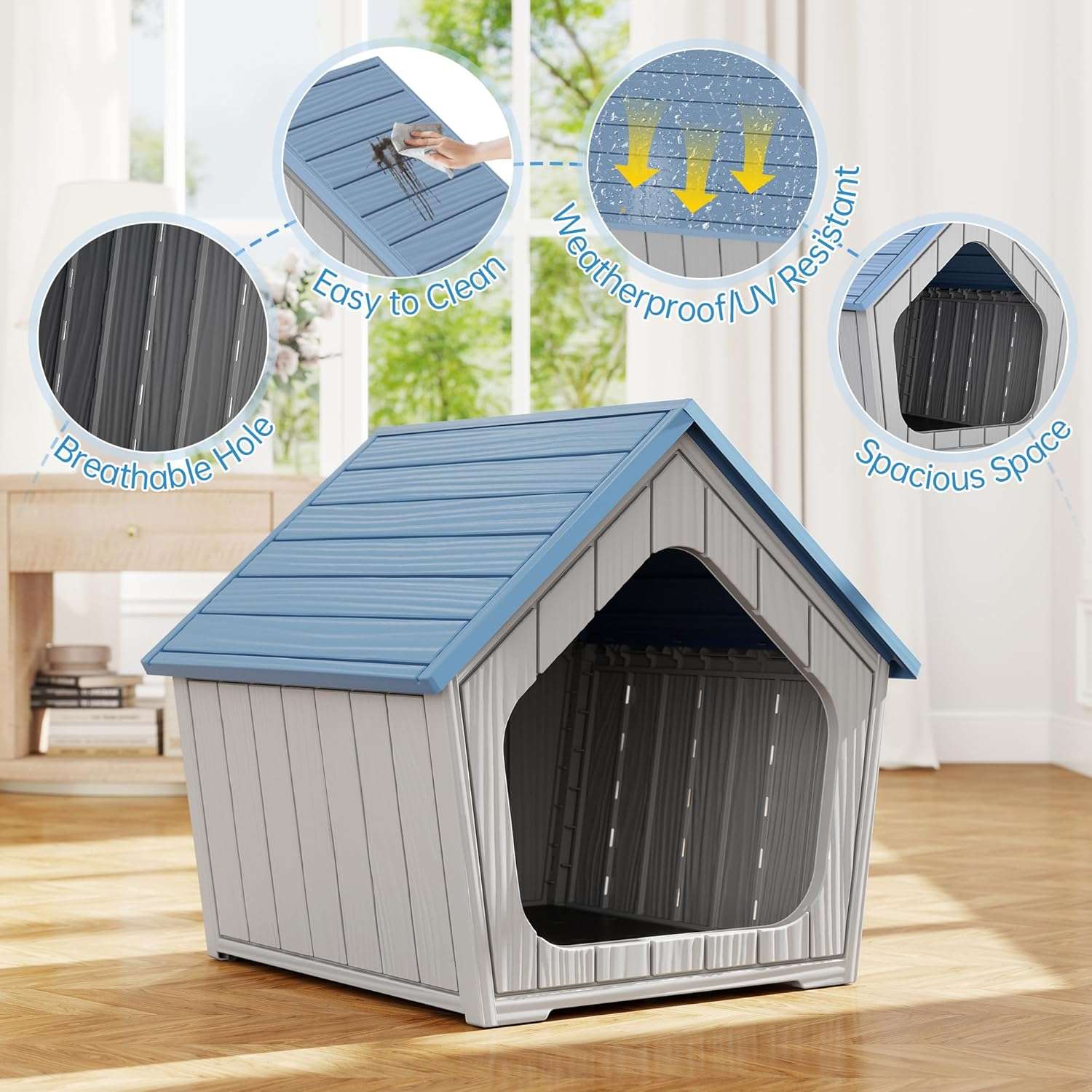 Casa de plástico azul para perros pequeños con piso elevado, ideal para uso en interiores y patios.