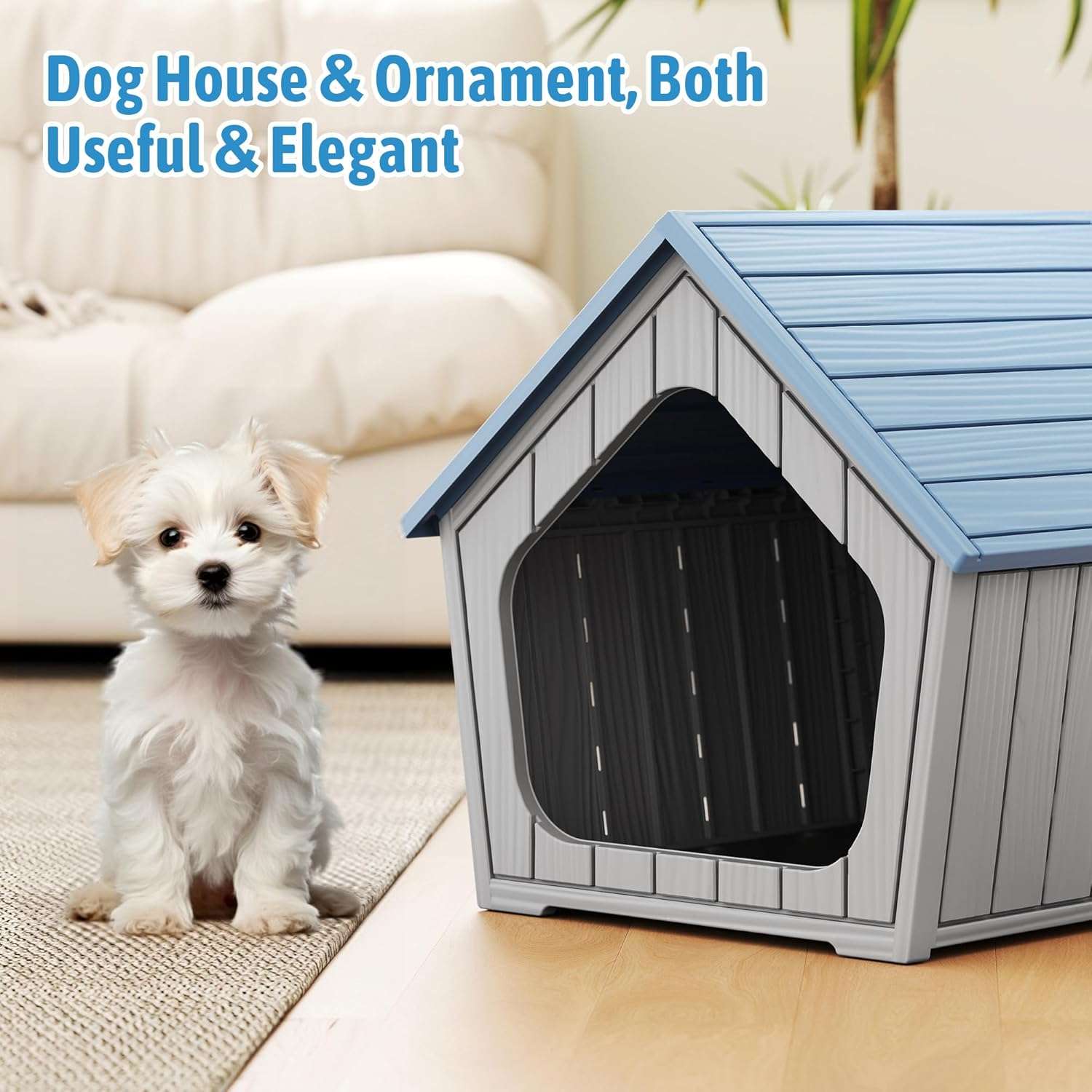 Casa de plástico azul para perros pequeños con piso elevado, ideal para uso en interiores y patios.