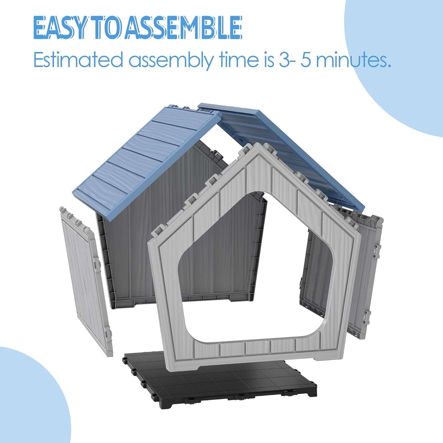 Casa de plástico azul para perros pequeños con piso elevado, ideal para uso en interiores y patios.