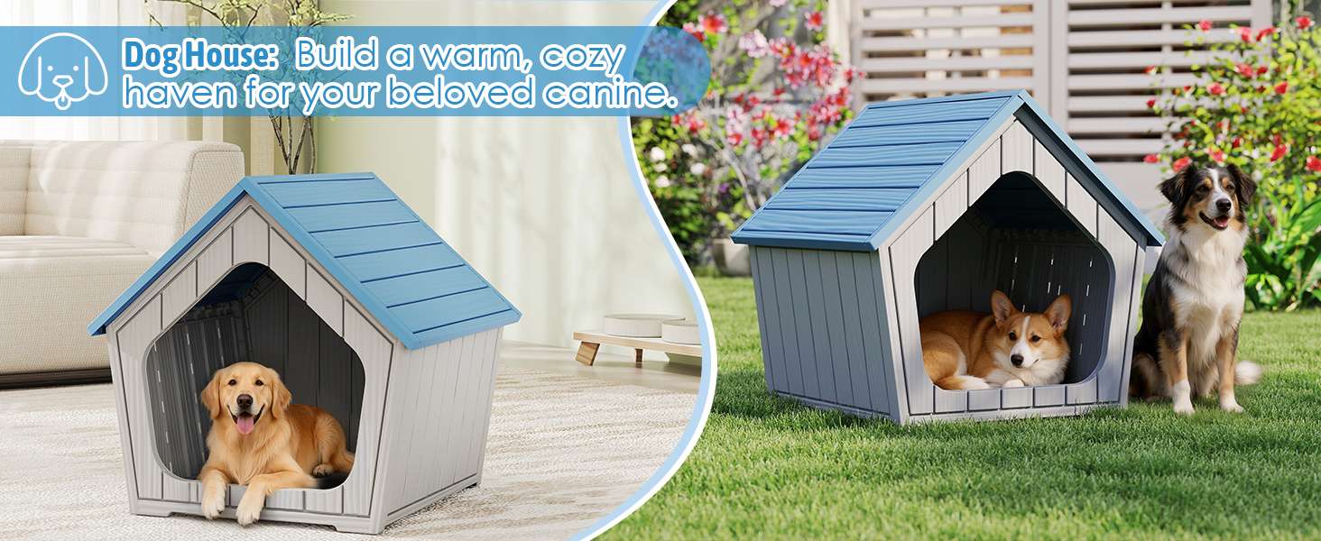 Casa de plástico azul para perros pequeños con piso elevado, ideal para uso en interiores y patios.