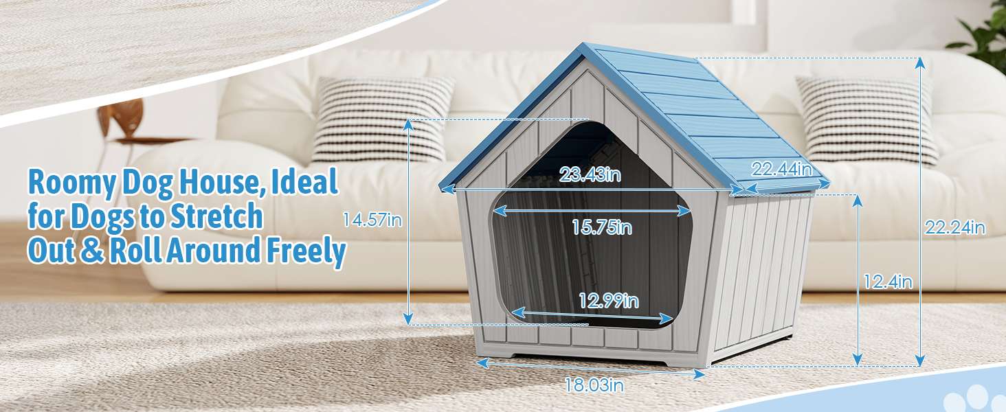 Casa de plástico azul para perros pequeños con piso elevado, ideal para uso en interiores y patios.