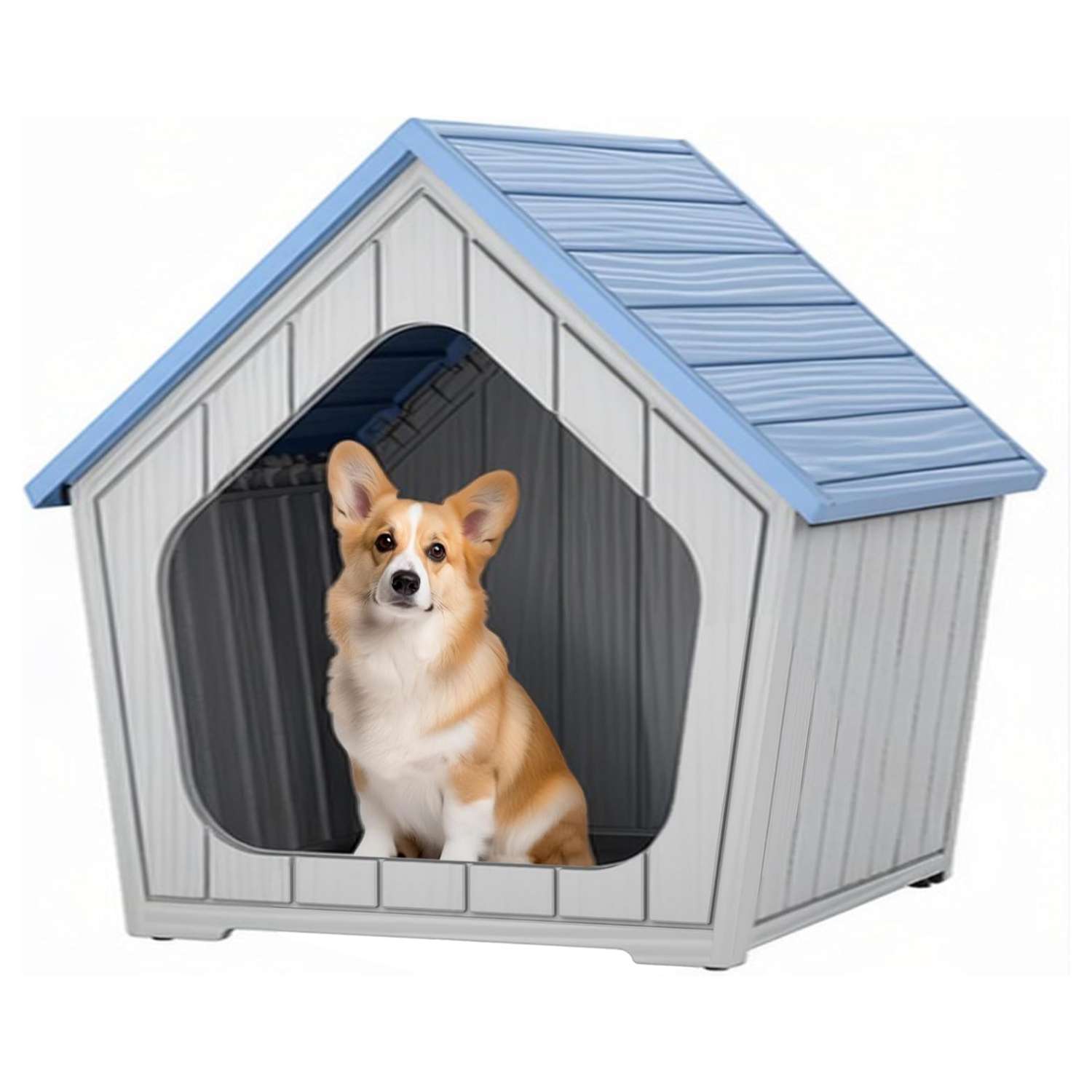 Casa de plástico azul para perros pequeños con piso elevado, ideal para uso en interiores y patios.