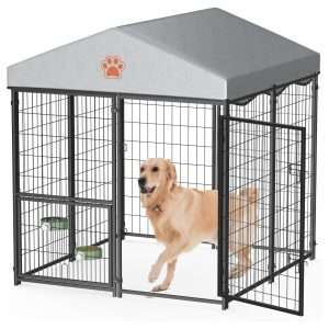 Canil metálico para perros de exterior con techo impermeable y sistema de comedero giratorio de seguridad.