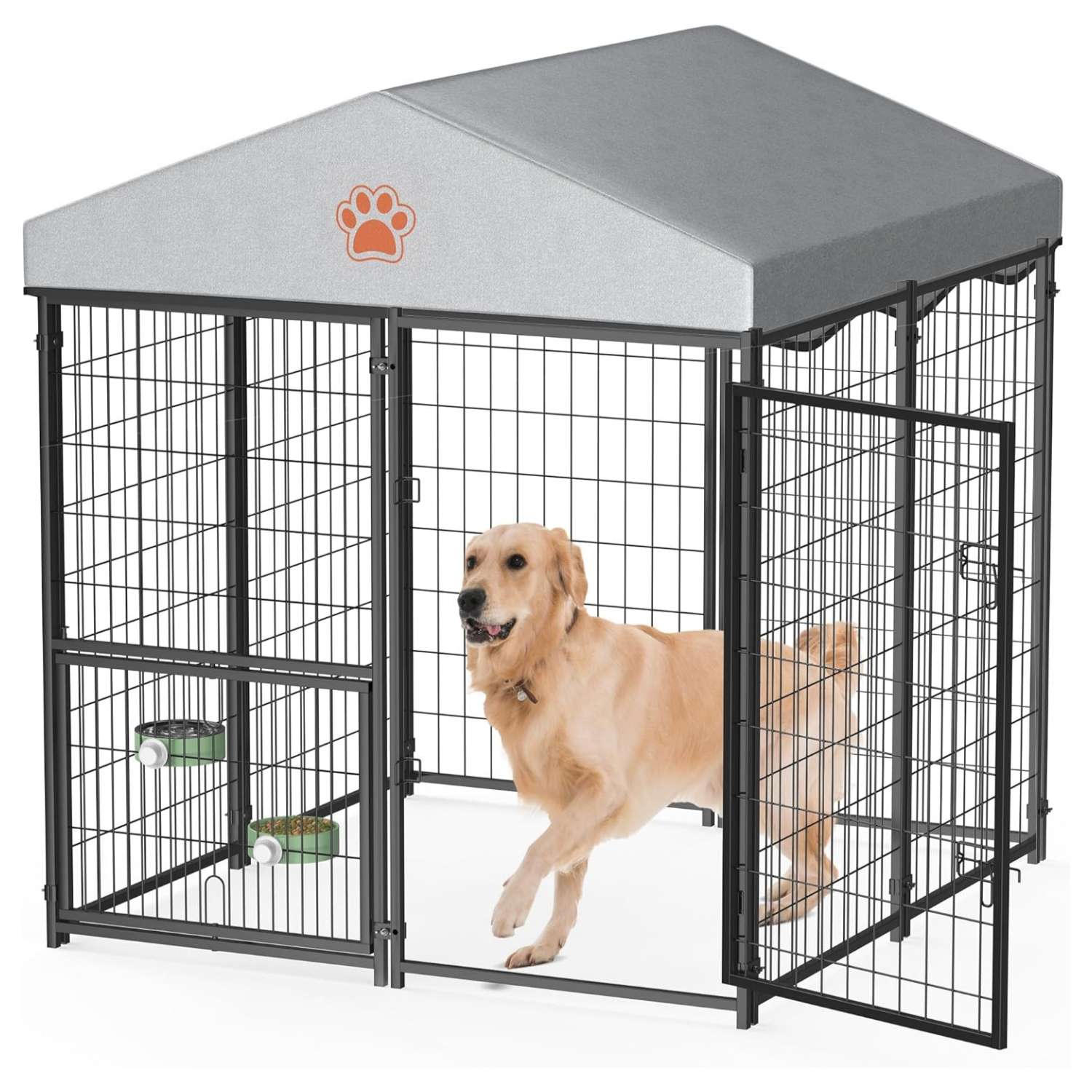 Canil metálico para perros de exterior con techo impermeable y sistema de comedero giratorio de seguridad.