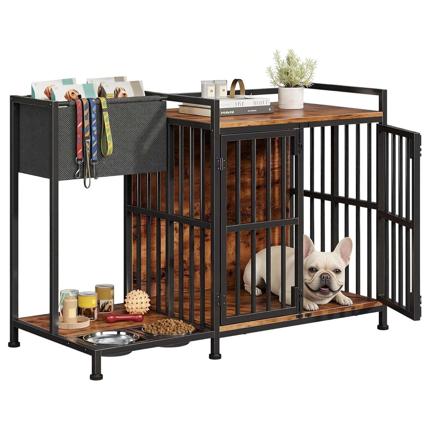 jaula mueble perros pequeños medianos interior madera acero comederos integrados bolsa almacenamiento 110x50x72 centimetros ideal para chile