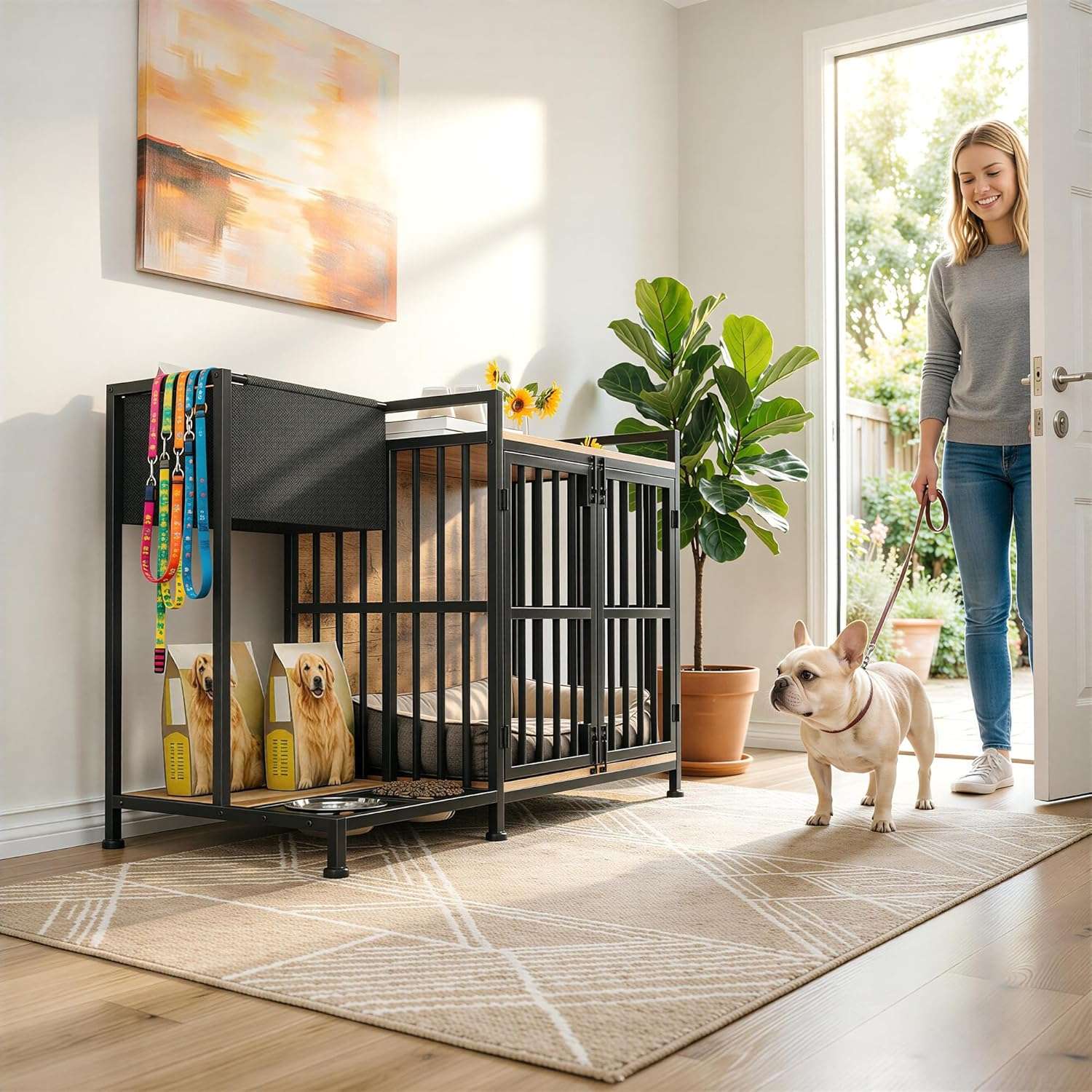 jaula mueble perros pequeños medianos interior madera acero comederos integrados bolsa almacenamiento 110x50x72 centimetros ideal para chile