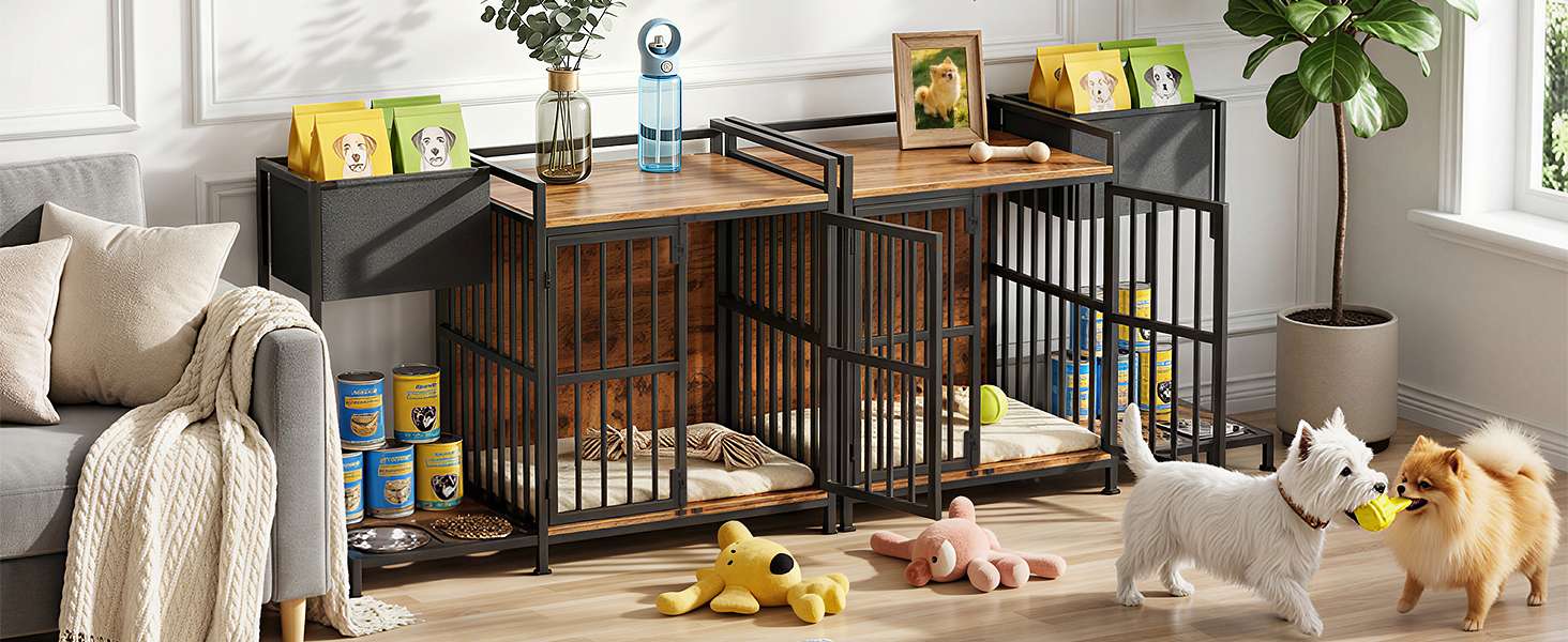 jaula mueble perros pequeños medianos interior madera acero comederos integrados bolsa almacenamiento 110x50x72 centimetros ideal para chile