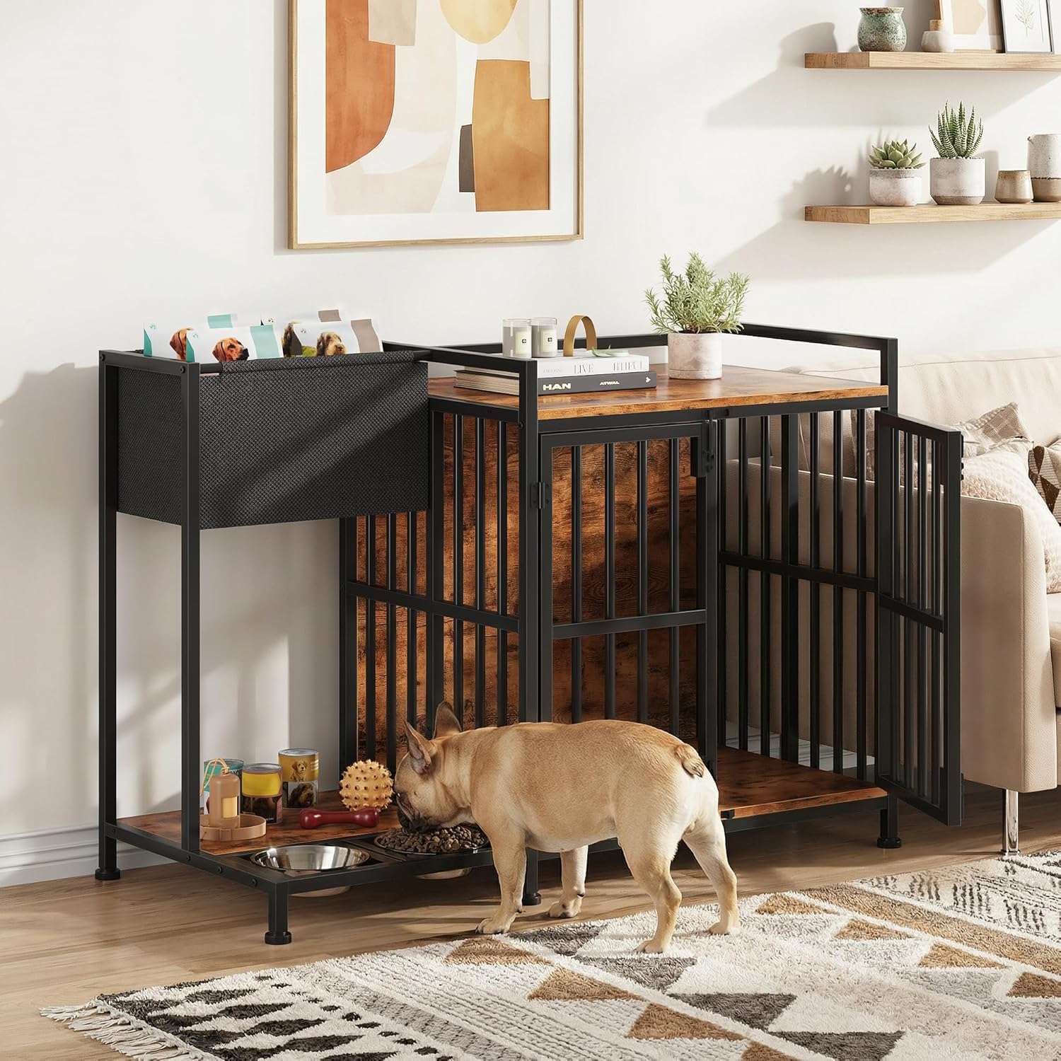 jaula mueble perros pequeños medianos interior madera acero comederos integrados bolsa almacenamiento 110x50x72 centimetros ideal para chile