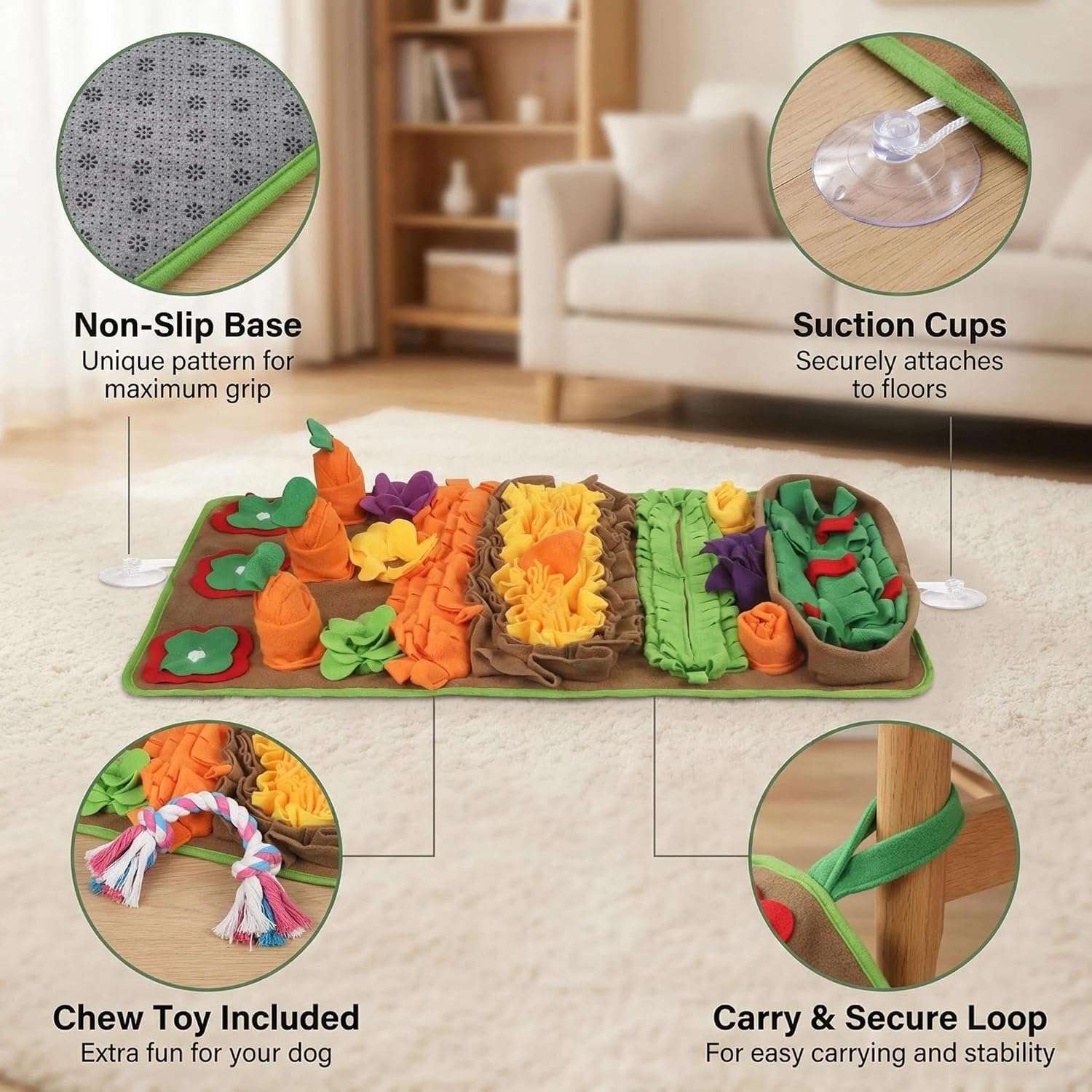 Alfombra de olfato grande interactiva con juegos de zanahoria y base antideslizante para perros.