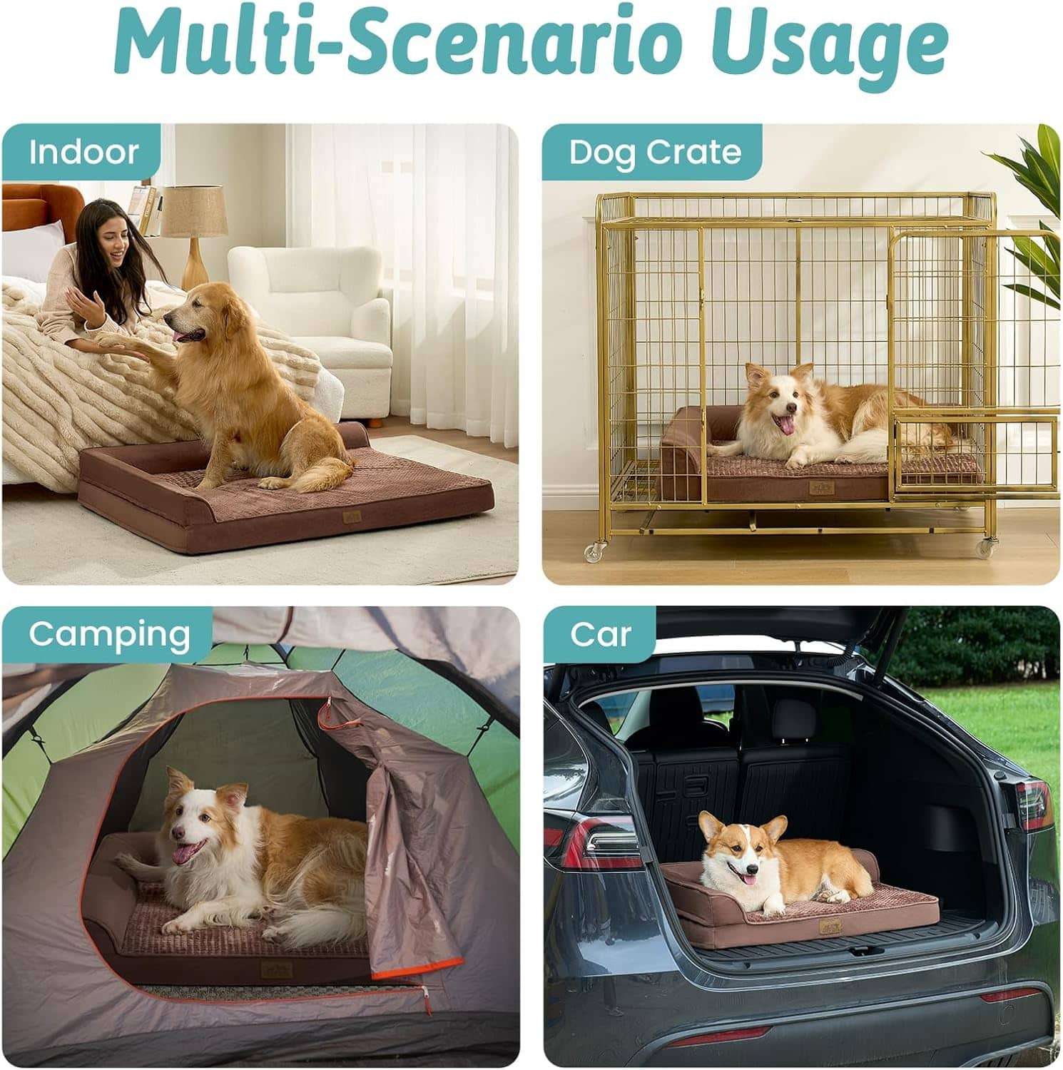 Cama ortopedica para perros con espuma viscoelastica bordes elevados y forro impermeable.