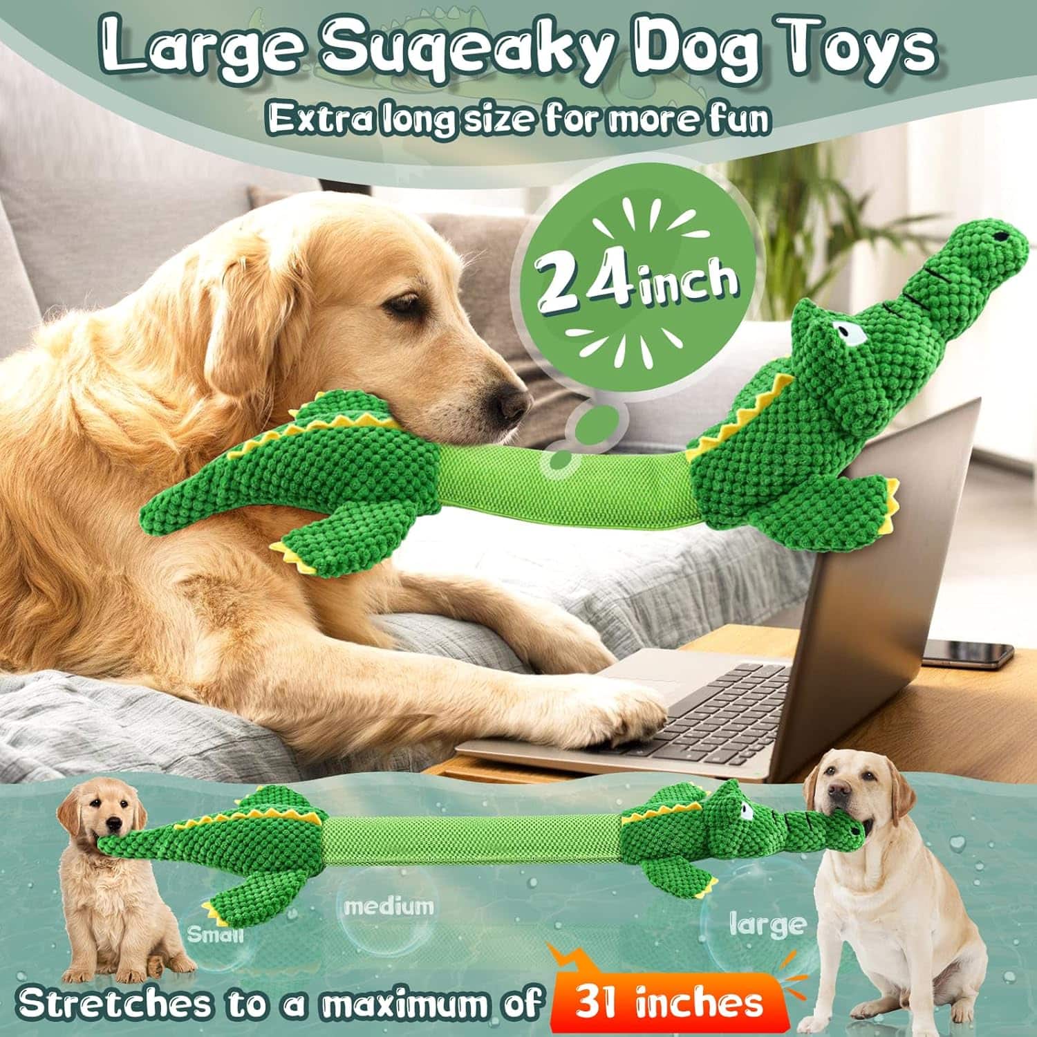 Juguete de peluche en forma de cocodrilo gigante estirable con sonido para perros grandes.
