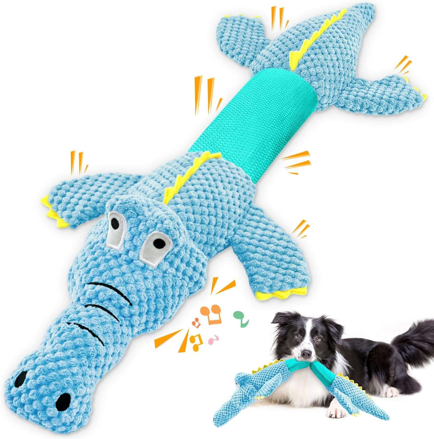 Juguete de peluche en forma de cocodrilo gigante estirable con sonido para perros grandes.