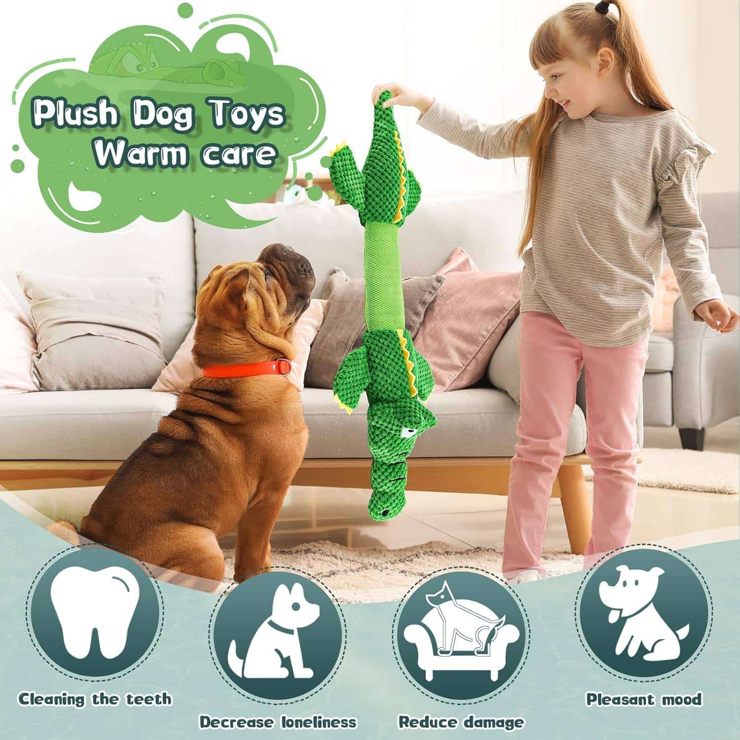 Juguete de peluche en forma de cocodrilo gigante estirable con sonido para perros grandes.
