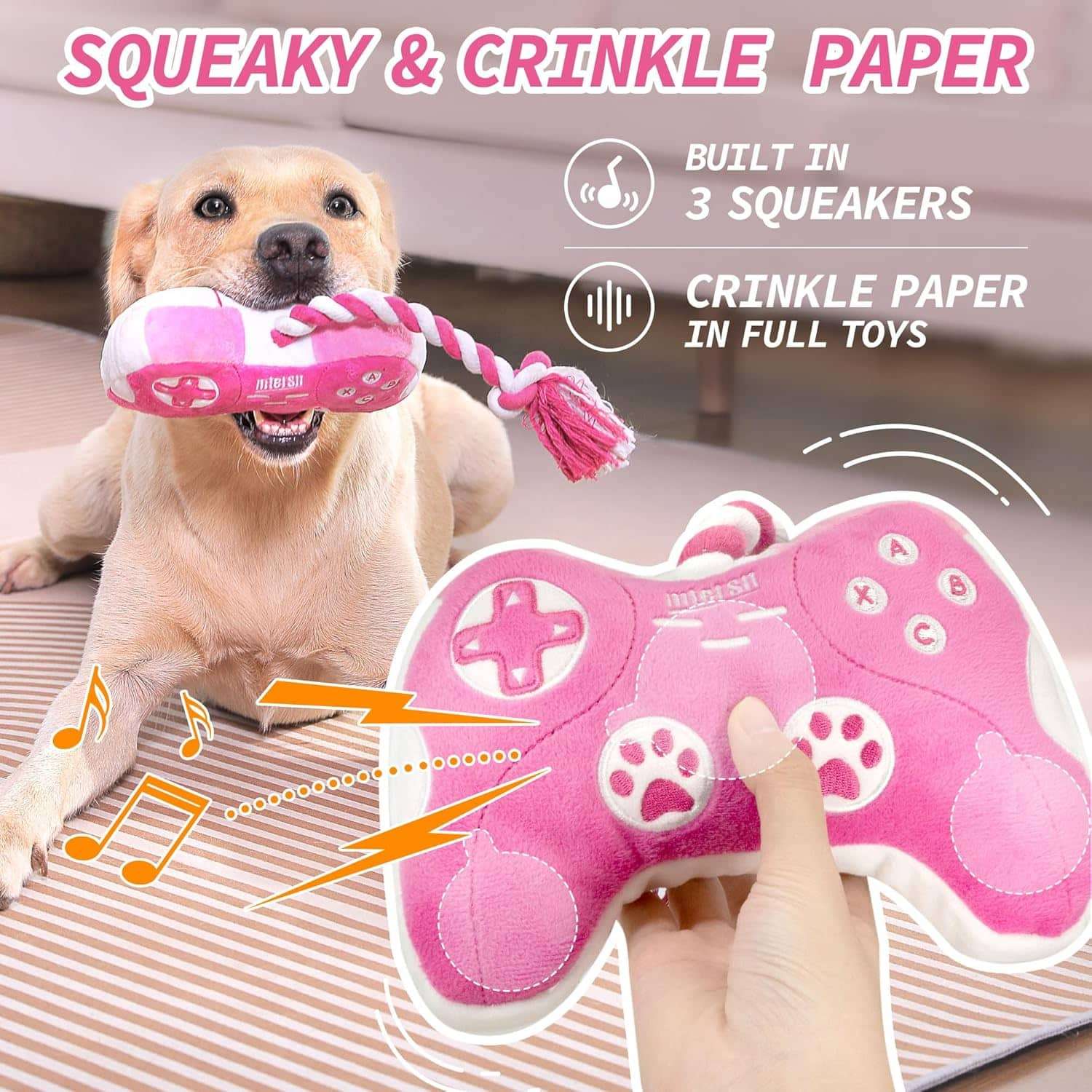 Juguete de peluche interactivo para perros con cuerda de algodon sonido y papel arrugado.