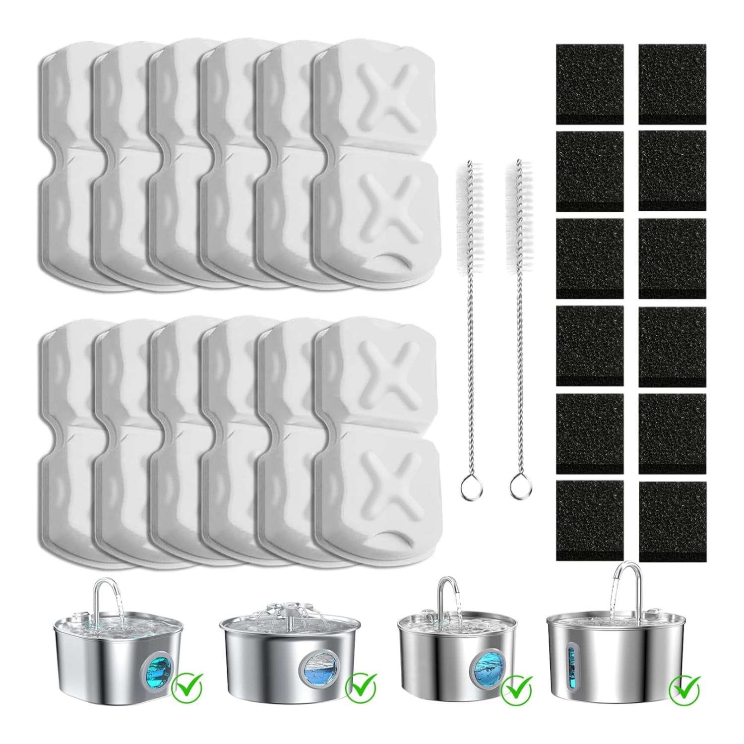 kit de repuesto de 13 piezas con filtros esponjas y cepillo para fuente de agua felina de acero inoxidable