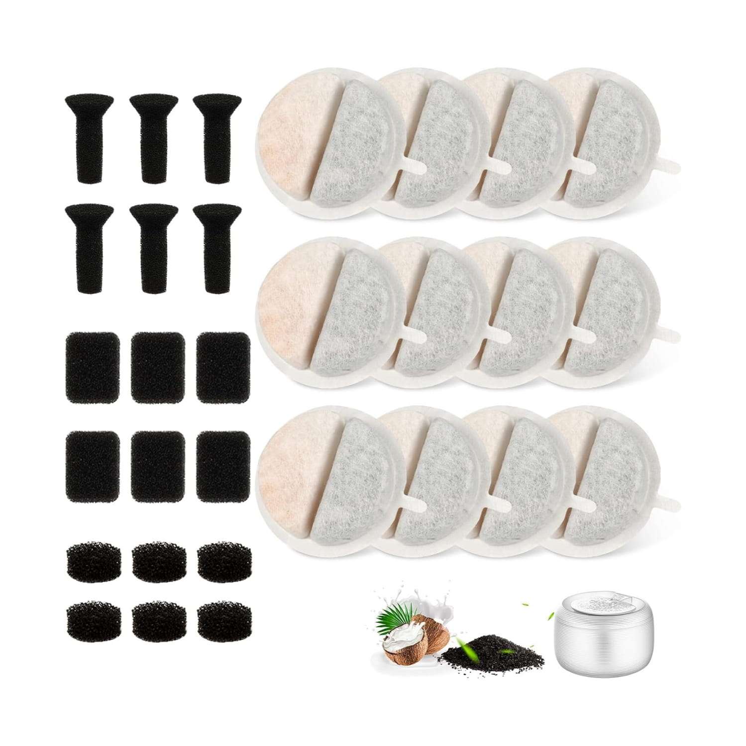 paquete de 12 filtros y esponjas de repuesto de triple filtracion para fuente de agua felina de 2.5 litros