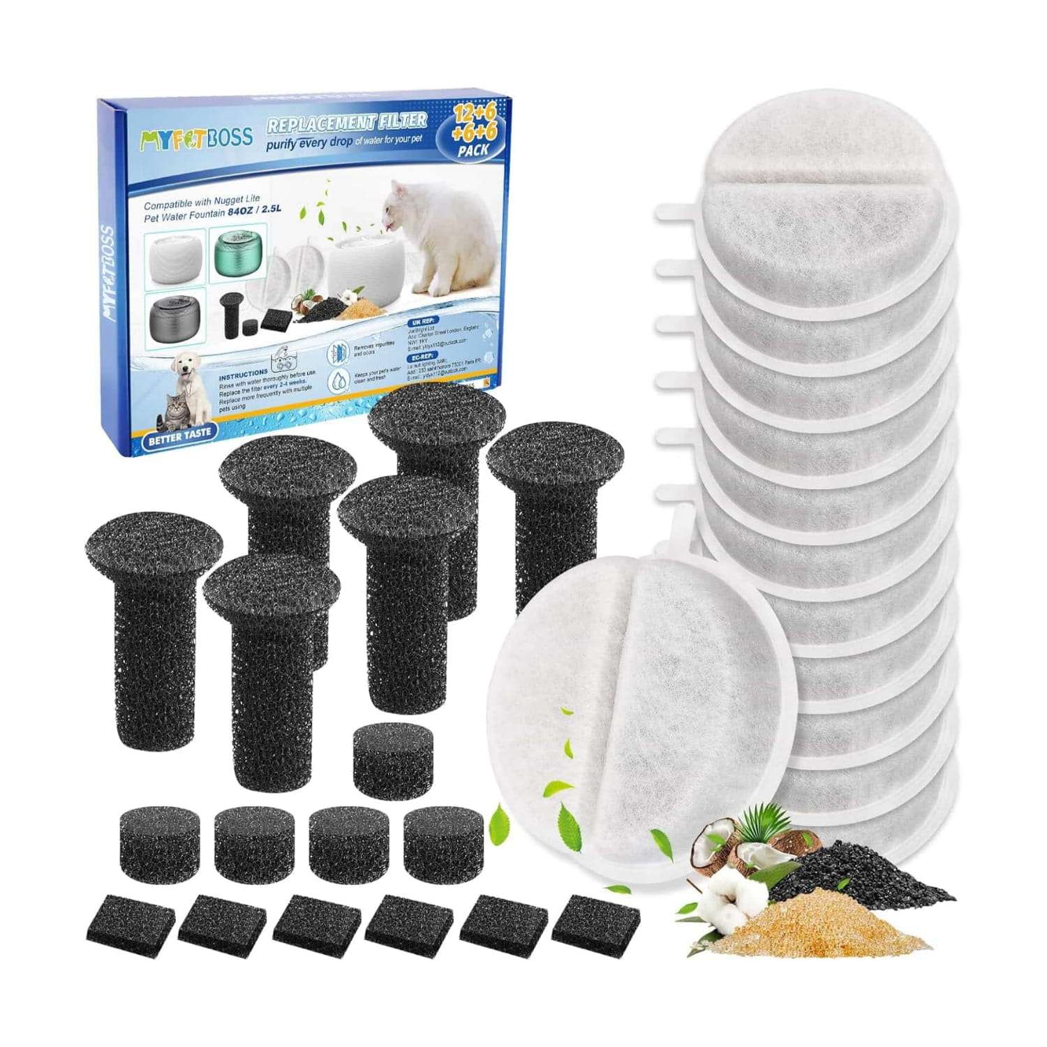 paquete de 20 filtros y esponjas de repuesto de cinco capas para fuente de agua felina de 2.5 litros