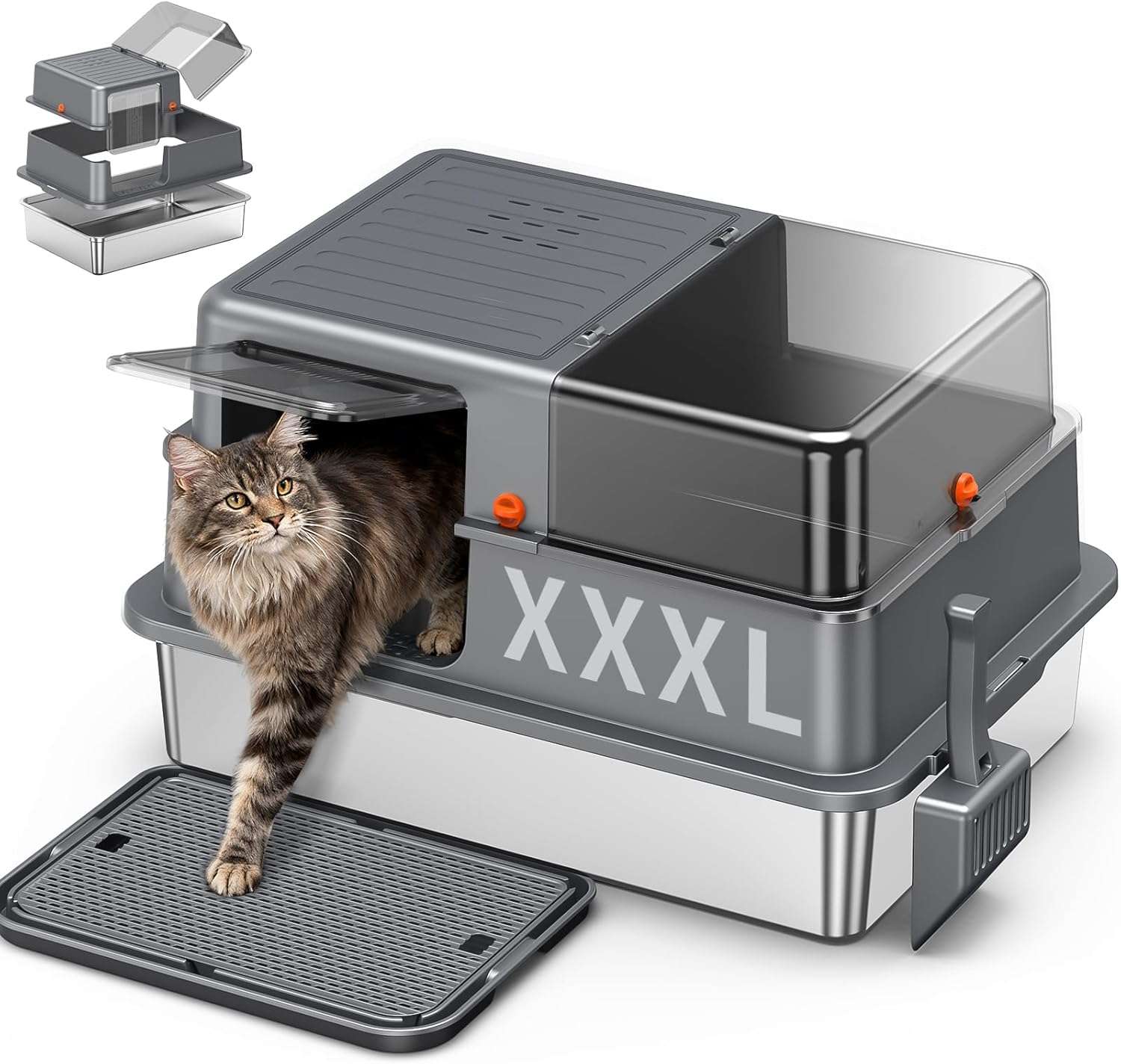 caja de arena extra grande para gatos de acero inoxidable con tapa abatible y medidas de 71.88 por 51.31 por 43.94 centimetros en chile