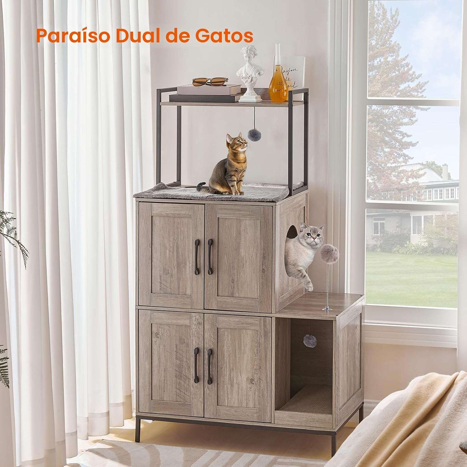 mueble arenero oculto doble para gatos HOOBRO diseño vertical con medidas de 77.98 por 44.96 por 134.87 centimetros