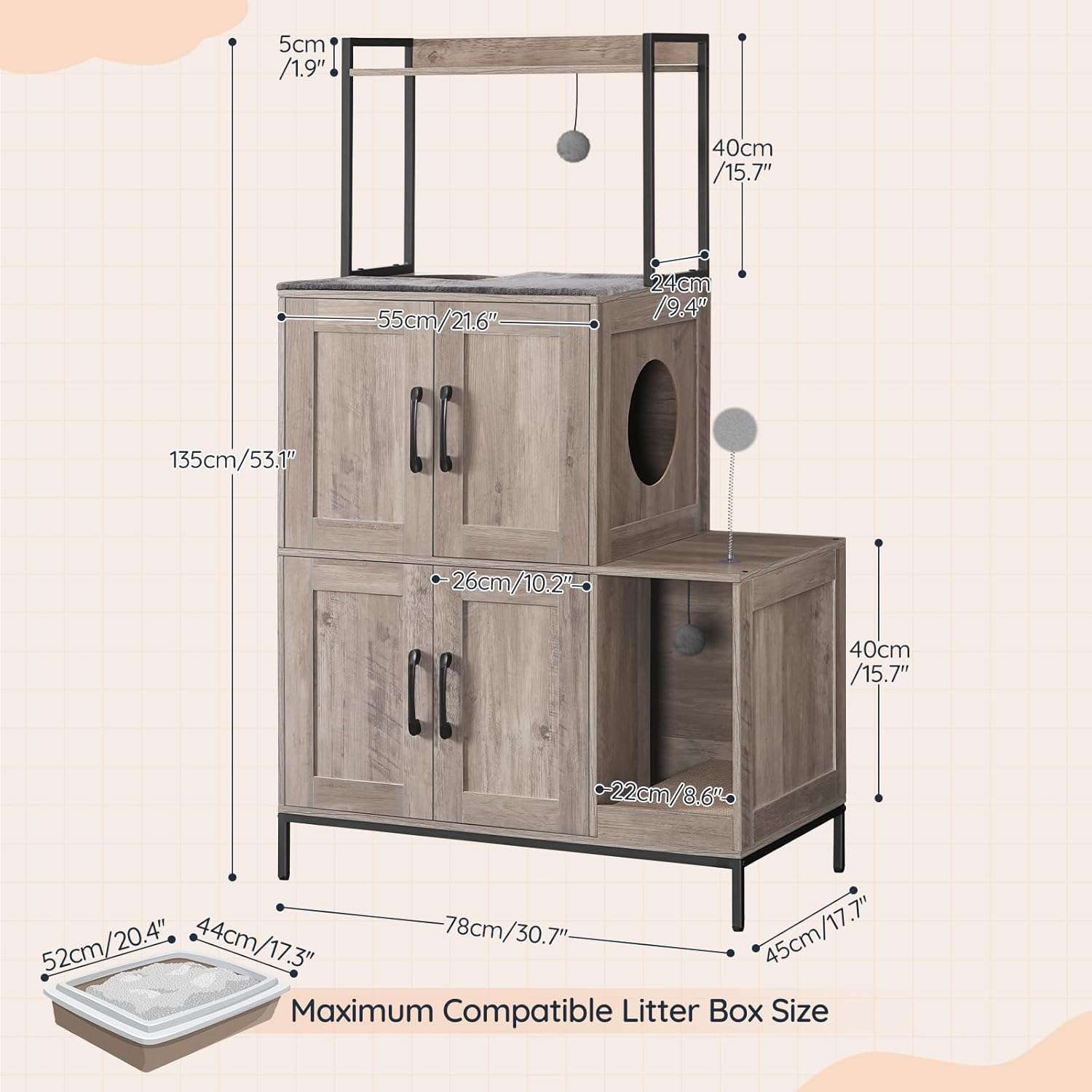 mueble arenero oculto doble para gatos HOOBRO diseño vertical con medidas de 77.98 por 44.96 por 134.87 centimetros