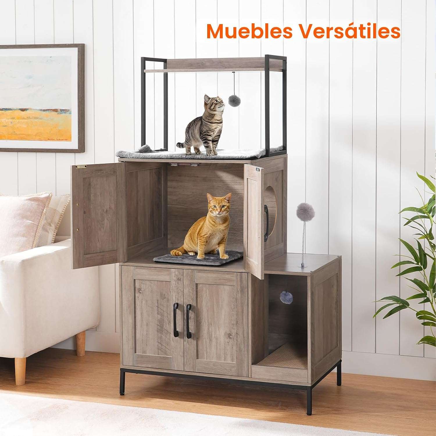 mueble arenero oculto doble para gatos HOOBRO diseño vertical con medidas de 77.98 por 44.96 por 134.87 centimetros