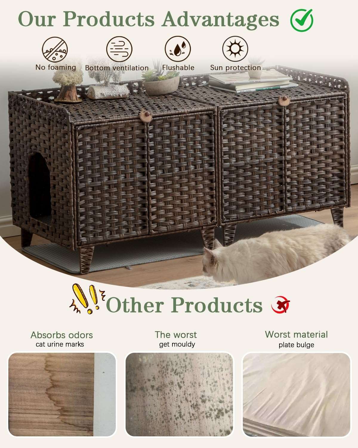 mueble arenero doble para gatos SETVSON de ratan con medidas de 120.14 por 50.04 por 59.94 centimetros