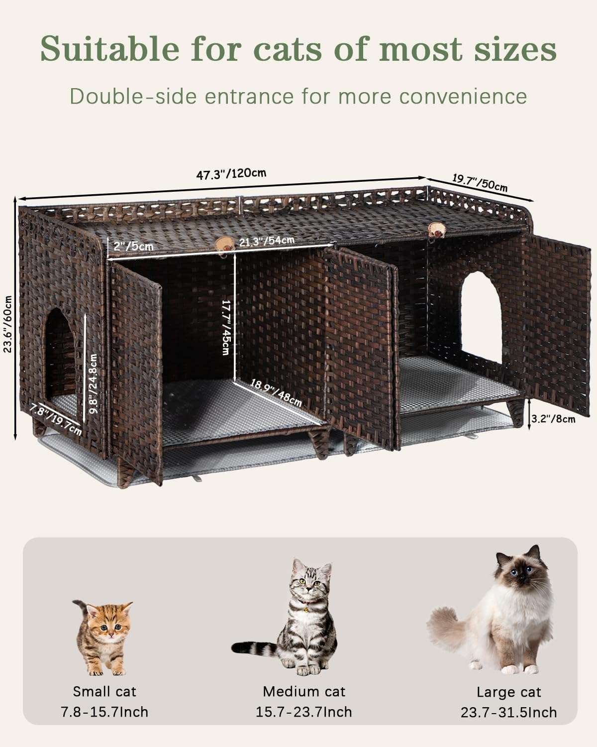 mueble arenero doble para gatos SETVSON de ratan con medidas de 120.14 por 50.04 por 59.94 centimetros