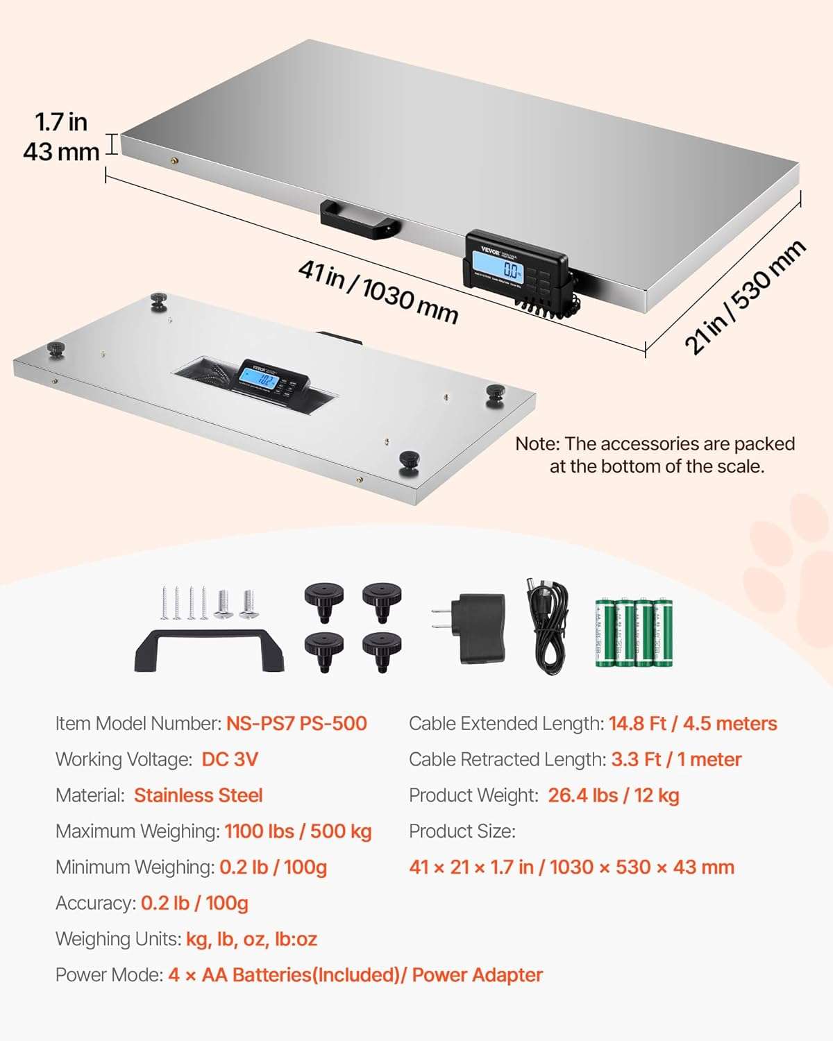 pesa digital de acero inoxidable vevor para ganado y mascotas con capacidad de 500 kilos y 110 por 52 centimetros ideal para chile