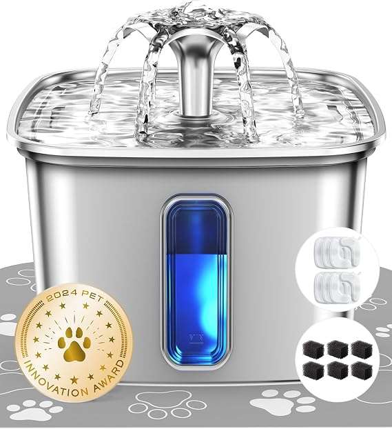 fuente de agua automatica para gatos y perros de acero inoxidable con capacidad de 3.2 litros y luz led