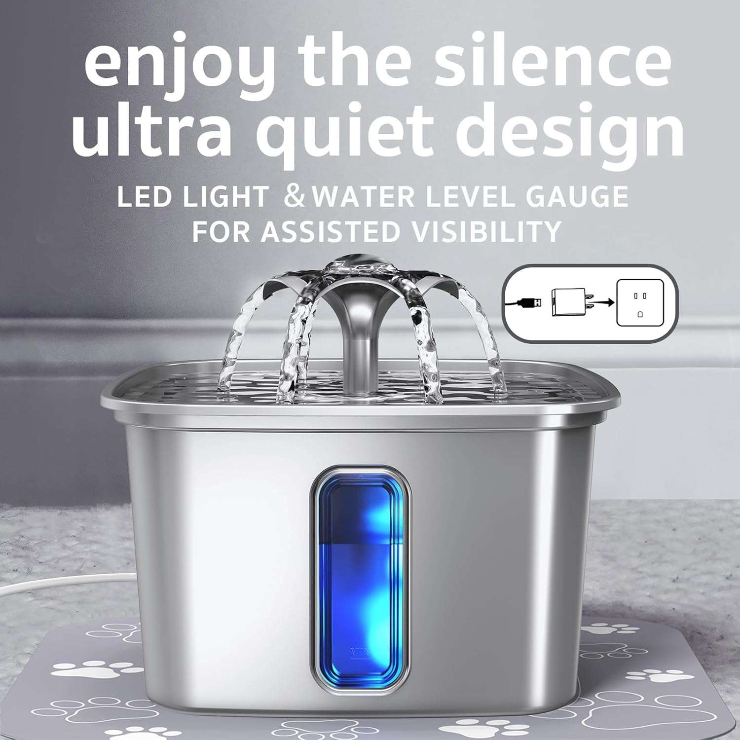 fuente de agua automatica para gatos y perros de acero inoxidable con capacidad de 3.2 litros y luz led