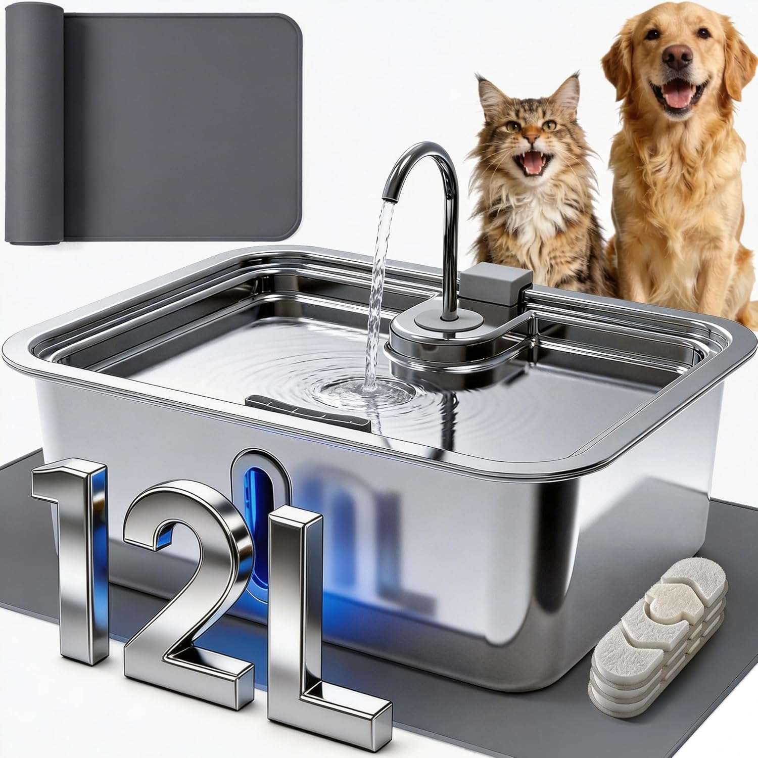 fuente de agua para perros grandes en acero inoxidable con alfombrilla y medidas de 42.49 por 32.51 por 25.30 centimetros